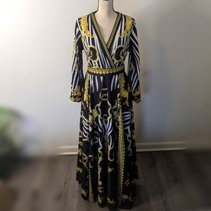 Baroque Print Black/Gold Long Sleeve Maxi Belted Dress